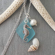 Load image into Gallery viewer, Handmade in Hawaii, turquoise bay blue sea glass necklace,"December Birthstone", freshwater pearl, seahorse charm, (Hawaii Gift Wrapped, Customizable Gift Message)
