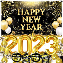 Load image into Gallery viewer, Huge, New Years Eve Party Supplies 2023 Set - Pack of 44 | Gold 2023 Balloons, 40 Inch | Happy New Year Backdrop, Happy New Year Decorations 2023 | Happy New Year Balloons for NYE Decorations 2023
