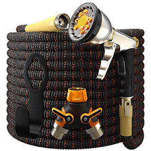 Load image into Gallery viewer, Garden Hose Expandable Set 100ft - Superior Strength 3750D / 4-Layers Latex/Extra-Strong Brass Connectors / 10-Way Durable Zinc Water Spray Nozzle, 2-Way Pocket Flexible Splitter (100 feet)
