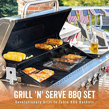 Load image into Gallery viewer, Yukon Glory BBQ 'N Serve Grill Basket Set, Revolutionary Grill to Table Design, Includes 3 Grilling Baskets, Serving Tray and Patented Clip-on Handle Perfect For Grilling Fish, Veggies and Meats
