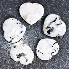 Load image into Gallery viewer, Zenergy Gems Selenite Charged Hand-Carved Natural Rainbow Moonstone Pocket Puffy Heart/Palm Heart/Worry Stone + Baby Selenite Puffy Heart Charging Crystal [Included]
