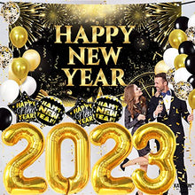 Load image into Gallery viewer, Huge, New Years Eve Party Supplies 2023 Set - Pack of 44 | Gold 2023 Balloons, 40 Inch | Happy New Year Backdrop, Happy New Year Decorations 2023 | Happy New Year Balloons for NYE Decorations 2023
