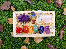 Load image into Gallery viewer, Premium Healing Crystals Kit in Wooden Box - 7 Chakra Set Tumbled Stones, Rose Quartz, Amethyst Cluster, Crystal Points, Chakra Pendulum + 82 Page E-Book + 20x6 Reference Guide Poster, Ribbon Bow
