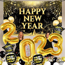 Load image into Gallery viewer, Huge, New Years Eve Party Supplies 2023 Set - Pack of 44 | Gold 2023 Balloons, 40 Inch | Happy New Year Backdrop, Happy New Year Decorations 2023 | Happy New Year Balloons for NYE Decorations 2023
