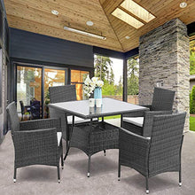 Load image into Gallery viewer, Wisteria Lane 5 Piece Outdoor Patio Dining Set, Wicker Glassed Table and Cushioned Chair, Umbrella Cut Out,Grey
