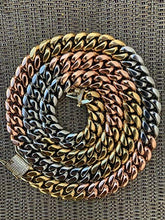Load image into Gallery viewer, Tri Color Cuban Chain Or Bracelet - Heavy 12mm with Diamond Clasp- Mens Miami Cuban - Yellow Rose &amp; White Gold Over Stainless Steel (20" Chain)
