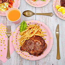 Load image into Gallery viewer, Pink and Gold Party Supplies 350PCS Disposable Dinnerware Set - Pink Paper Plates Napkins Cups, Gold Plastic Forks Knives Spoons for Birthday Bridal Baby Shower Valentine's Day Bachelor Wedding Party
