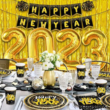Load image into Gallery viewer, Huge, New Years Eve Party Supplies 2023 - Pack of 108 | Glitter Happy New Year Banner, 10 Feet Gold Foil Fringe Curtain | 40 Inch, 2023 Balloons Gold | New Years Plates and Napkins and Cups, Serves 25
