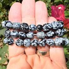 Load image into Gallery viewer, CHARGED Snowflake Obsidian Crystal Bracelet Polished Stretchy + Selenite Heart Charging Crystal (PERFECT GROUNDING PROMOTES SELF-ESTEEM, CONFIDENCE, COURAGE DISSOLVES ANGER &amp; FEAR HEALING ENERGY)
