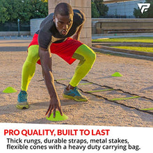 Load image into Gallery viewer, Pro Agility Ladder and Cones - 15 ft Fixed-Rung Speed Ladder with 12 Disc Cones for Soccer, Football, Sports, Exercise, Workout, Footwork Training - Includes 4 Stakes, Heavy Duty Carry Bag (Yellow)
