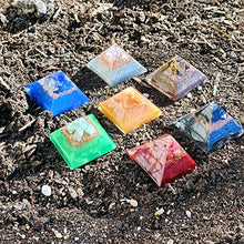 Load image into Gallery viewer, 7 mini pyramids for self-care, harmony, meditation, yoga, spirituality, crystal decor, balance workspace made of Orange calcite, Shungite, Lapis, Quartz Crystal, Chrysoprase, Bronzite, Rhodonite
