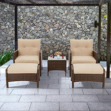Load image into Gallery viewer, U-MAX 5 Pieces Patio Furniture Set Outdoor Chair and Ottoman Set with Cushions &amp; Side Table, Brown PE Wicker Rattan Lawn Pool Balcony Backyard Conversation Lounge Set, White &amp; Tan Cushion
