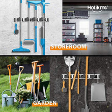 Load image into Gallery viewer, Holikme Mop Broom Holder Wall Mount Metal Pantry Organization and Storage Garden Kitchen Tool Organizer Wall Hanger for Home Goods (4 Positions with 4 Hooks, Black)

