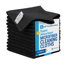 Load image into Gallery viewer, 12" x 12" Buff Pro Multi-Surface Microfiber Cleaning Cloths | Black - 12 Pack | Premium Microfiber Towels for Cleaning Glass, Kitchens, Bathrooms, Automotive, Supplies &amp; Products
