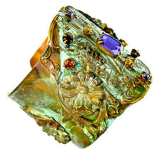 Load image into Gallery viewer, Olive Patina Brass Zinnia Flowers Wide Cuff - Swarovski Crystals
