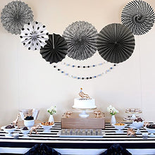 Load image into Gallery viewer, Party Hanging Paper Fans Set, Black Round Pattern Paper Garlands Decoration for Birthday Wedding Graduation Events Accessories, Set of 6
