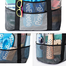 Load image into Gallery viewer, SoHo, Mesh Beach Bag - Toy Tote Bag - Large Lightweight Market, Grocery &amp; Picnic Tote with Oversized Pockets (Black/White)
