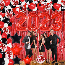 Load image into Gallery viewer, Huge, Happy New Year Decorations 2023 - Pack of 132 | Red 2023 Balloons, New Years Eve Party Supplies 2023 | New Years Balloon Garland | Red Fringe New Years Backdrop, Red and Black Party Decorations

