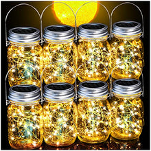 Load image into Gallery viewer, Cooo 8 Pack Outdoor Solar Lantern 30LED Mason Jar Lights Solar Powered,Waterproof Hanging Outdoor Patio Porch Garden Yard Backyard Balcony Lawn Pool Decor （Hangers &amp; Handmade Jars included）-Warm White
