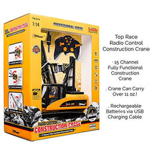 Load image into Gallery viewer, Top Race 15 Channel Remote Control Crane, Proffesional Series, 1:14 Scale - Battery Powered RC Construction Toy Crane with Heavy Metal Hook (TR-214)
