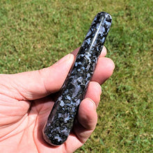 Load image into Gallery viewer, Charged 4" Mystic Indigo Gabbro Crystal Massage Wand + Selenite Charging Heart Included (Stone of Enlightenment Healing Energy)
