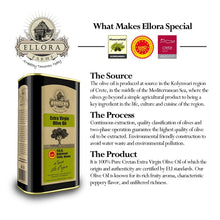 Load image into Gallery viewer, Ellora Farms, Certified PDO Extra Virgin Olive Oil, Single Estate, Single Origin, Single Variety, Cold Press &amp; Traceable Olive Oil, Born in Crete, Greece, Kosher, 1 Lt Tin (33.8 oz.)
