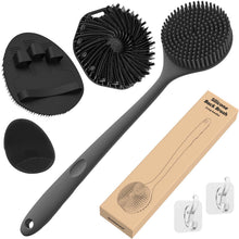 Load image into Gallery viewer, Manmihealth Silicone Back Scrubber &amp; Soft Bath Glove Set 4 PCS(Thick Bristles), Super-Exfoliating Body Scrubber &amp; Super-Lathering Shower Brush Combination, with 2 Free Hooks (Black)
