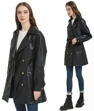 Load image into Gallery viewer, RISISSIDA Womens Faux Leather Trench Coats Mid Length, Vegan Pleather Long Jacket Double Breasted with Belt Black 22072 S
