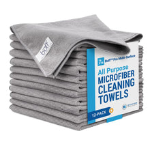 Load image into Gallery viewer, Buff Microfiber Cleaning Cloths (12 Pack) | Size 16" x 16"| All Purpose Microfiber Towels - Clean, Dust, Polish, Scrub, Absorbent (Gray)
