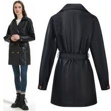 Load image into Gallery viewer, RISISSIDA Womens Faux Leather Trench Coats Mid Length, Vegan Pleather Long Jacket Double Breasted with Belt Black 22072 S
