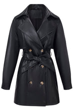 Load image into Gallery viewer, RISISSIDA Womens Faux Leather Trench Coats Mid Length, Vegan Pleather Long Jacket Double Breasted with Belt Black 22072 S
