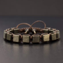 Load image into Gallery viewer, Fools Gold, Iron Pyrite Cube Shaped Beaded Men's Bracelet Gemstone Shamballa Inspired Energy Macrame Wrap Bracelet Crux Crystals Gift for Him
