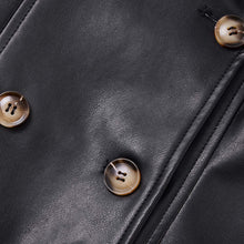 Load image into Gallery viewer, RISISSIDA Womens Faux Leather Trench Coats Mid Length, Vegan Pleather Long Jacket Double Breasted with Belt Black 22072 S
