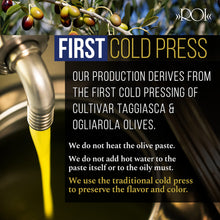 Load image into Gallery viewer, ROI Ligurian Italian Extra Virgin Olive Oil - First Cold Pressed EVOO, Fresh harvest - Ogliarola-Taggiasca Ligurian Olives - Polyphenol Rich Olive Oil From Liguria Italy - 17 fl oz (500ml)
