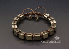 Load image into Gallery viewer, Fools Gold, Iron Pyrite Cube Shaped Beaded Men's Bracelet Gemstone Shamballa Inspired Energy Macrame Wrap Bracelet Crux Crystals Gift for Him

