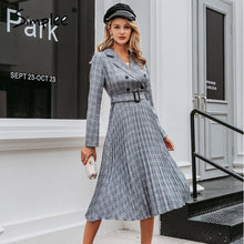 Load image into Gallery viewer, Simplee Elegant plaid office ladies dress A-line belt autumn winter work dress Fashion High street Vintage V-neck female dress
