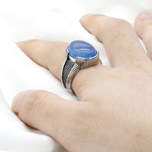 Load image into Gallery viewer, 2020 New Real  925 Sterling Silver Men's Ring with Big Natural Blue Agate Stone Vintage Simple Male Rings Turkish Jewelry Gift
